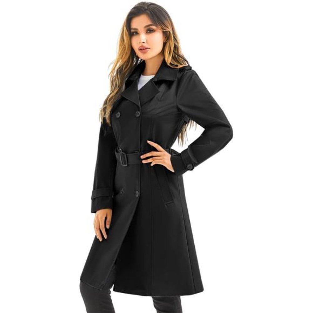 Women's Long Waterproof Trench Coat Double Breasted Belted Coat with Hood - Picture 3 of 8